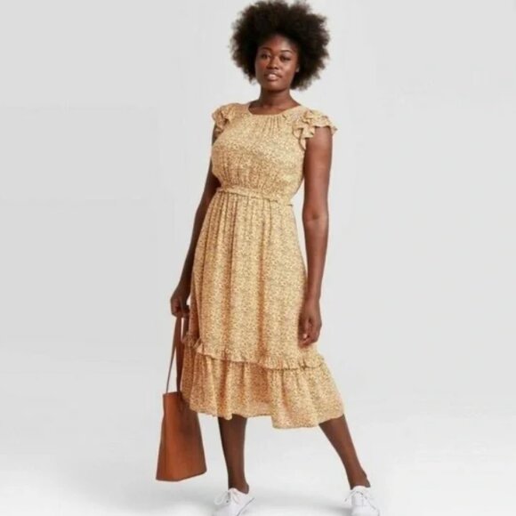 Universal Thread Dresses & Skirts - 👸HOST PICK Universal Thread Pumpkin Orange Floral Flutter Ruffle Midi NWOT XXL